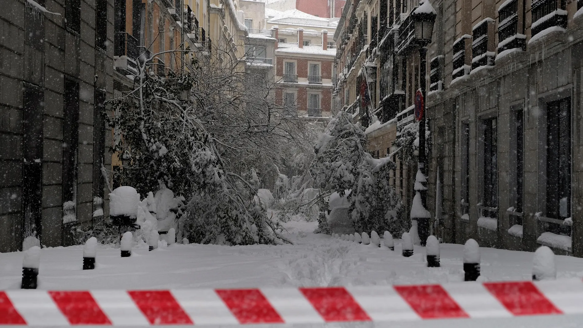 Vista de la calle Santa Catalina de Madrid, cubierta de nieve y ramas de áboles caídas tras el paso de la borrasca Filomena.