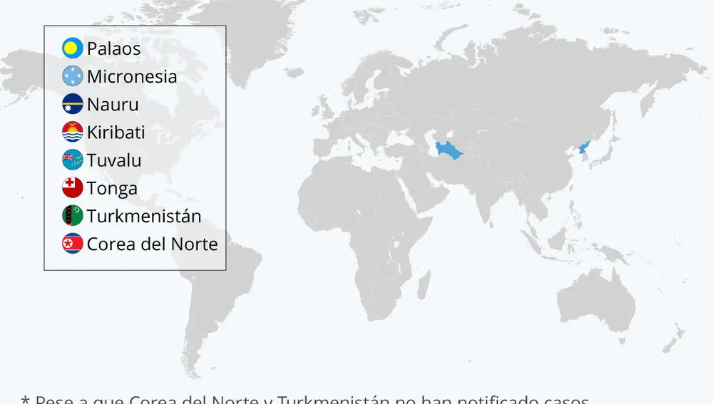 Mapa con los países que todavía no han reportado ningún caso de coronavirus a lo largo de la pandemia.