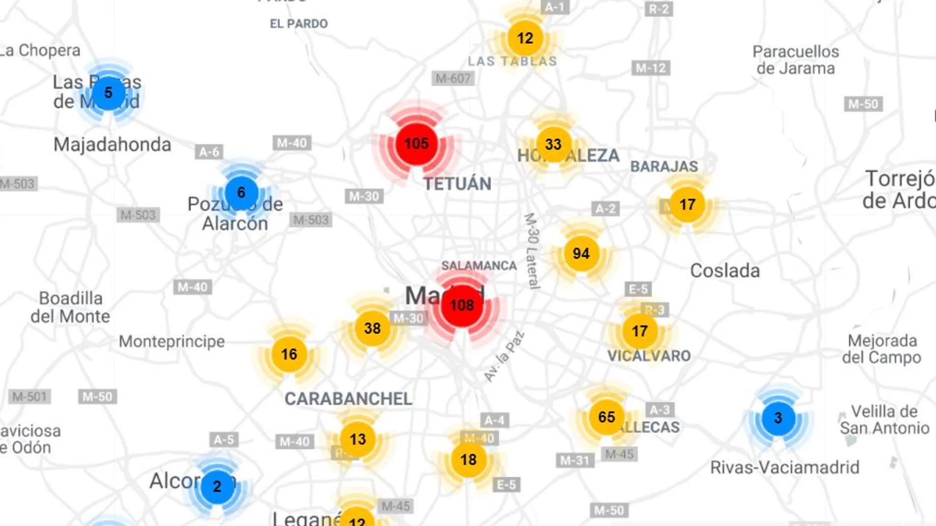 Imagen del mapa creado por la Federación Regional de Asociaciones Vecinales de Madrid (FRAVM)
