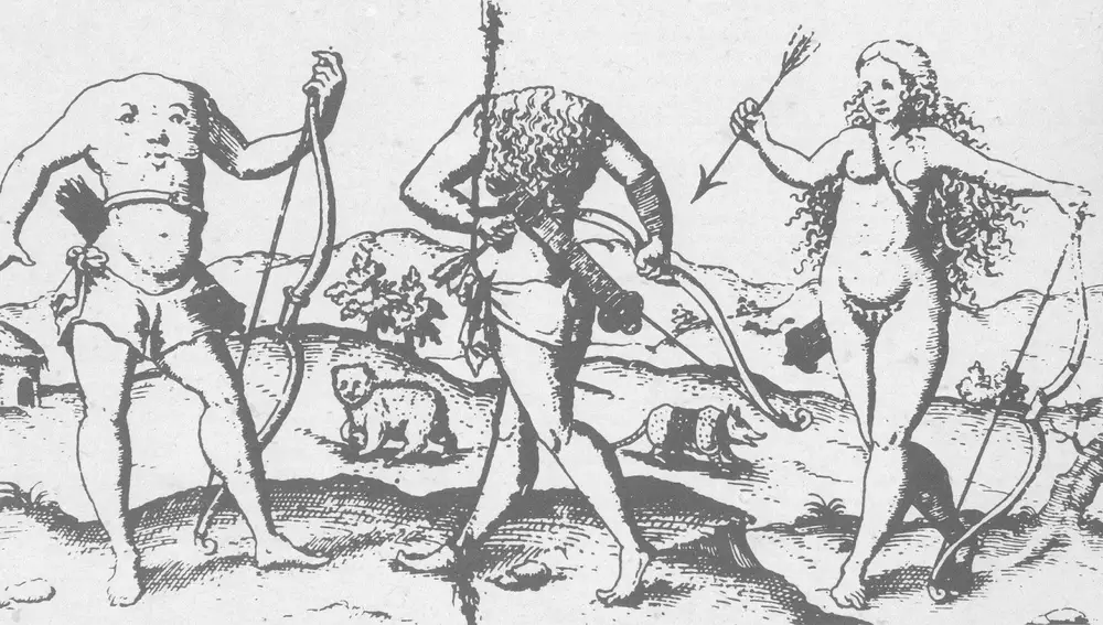Grabado del siglo XVII de los acéfalos y las amazonas.