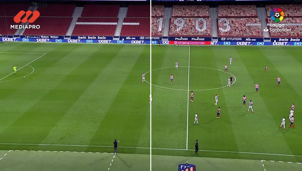 Imagen partida de una retransmisión de un partido del Atlético de Madrid en el Wanda Metropolitano con y sin la grada virtual de LaLiga y MEDIAPRO