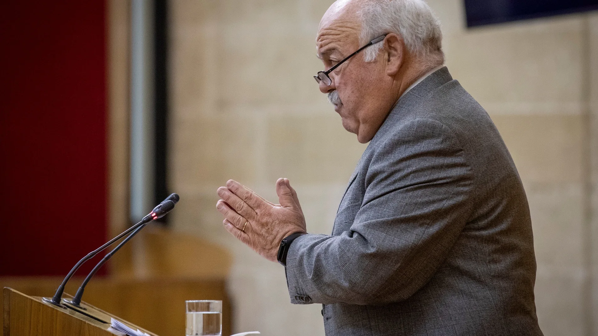 El consejero de Salud y Familias, Jesús Aguirre, durante su intervención en la sesión plenaria extraordinaria