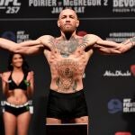 Jan 22, 2021; Abu Dhabi, UNITED ARAB EMIRATES; Conor McGregor of Ireland poses on the scale during the UFC 257 weigh-in at Etihad Arena on UFC Fight Island on January 22, 2021 in Abu Dhabi, United Arab Emirates. Mandatory Credit: Jeff Bottari/Handout Photo via USA TODAY Sports TPX IMAGES OF THE DAY
