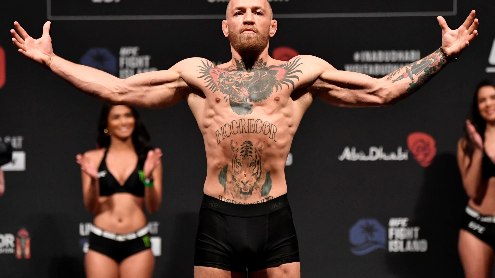 Jan 22, 2021; Abu Dhabi, UNITED ARAB EMIRATES; Conor McGregor of Ireland poses on the scale during the UFC 257 weigh-in at Etihad Arena on UFC Fight Island on January 22, 2021 in Abu Dhabi, United Arab Emirates. Mandatory Credit: Jeff Bottari/Handout Photo via USA TODAY Sports TPX IMAGES OF THE DAY