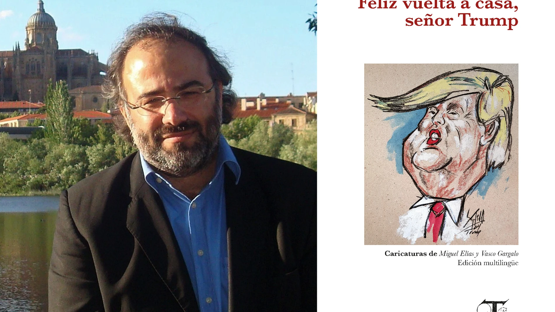Alfredo Pérez Alencart con Salamanca al fondo y la portada del libro