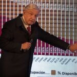FILE - In this Dec. 18, 2020 file photo, Mexican President Andres Manuel Lopez Obrador points to a graph showing the percentages of hospital beds available, state by state, during his daily news conference at the presidential palace, Palacio Nacional, in Mexico City. LÃ³pez Obrador was working from isolation on Monday, Jan. 25, 2021, a day after announcing that he had tested positive for COVID-19, his interior secretary said. (AP Photo/Marco Ugarte, File)