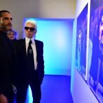 Designer Karl Lagerfeld and Sébastien Jondeau during the launching of his exhibition "Karl Lagerfeld, A Visual journey" in Paris.