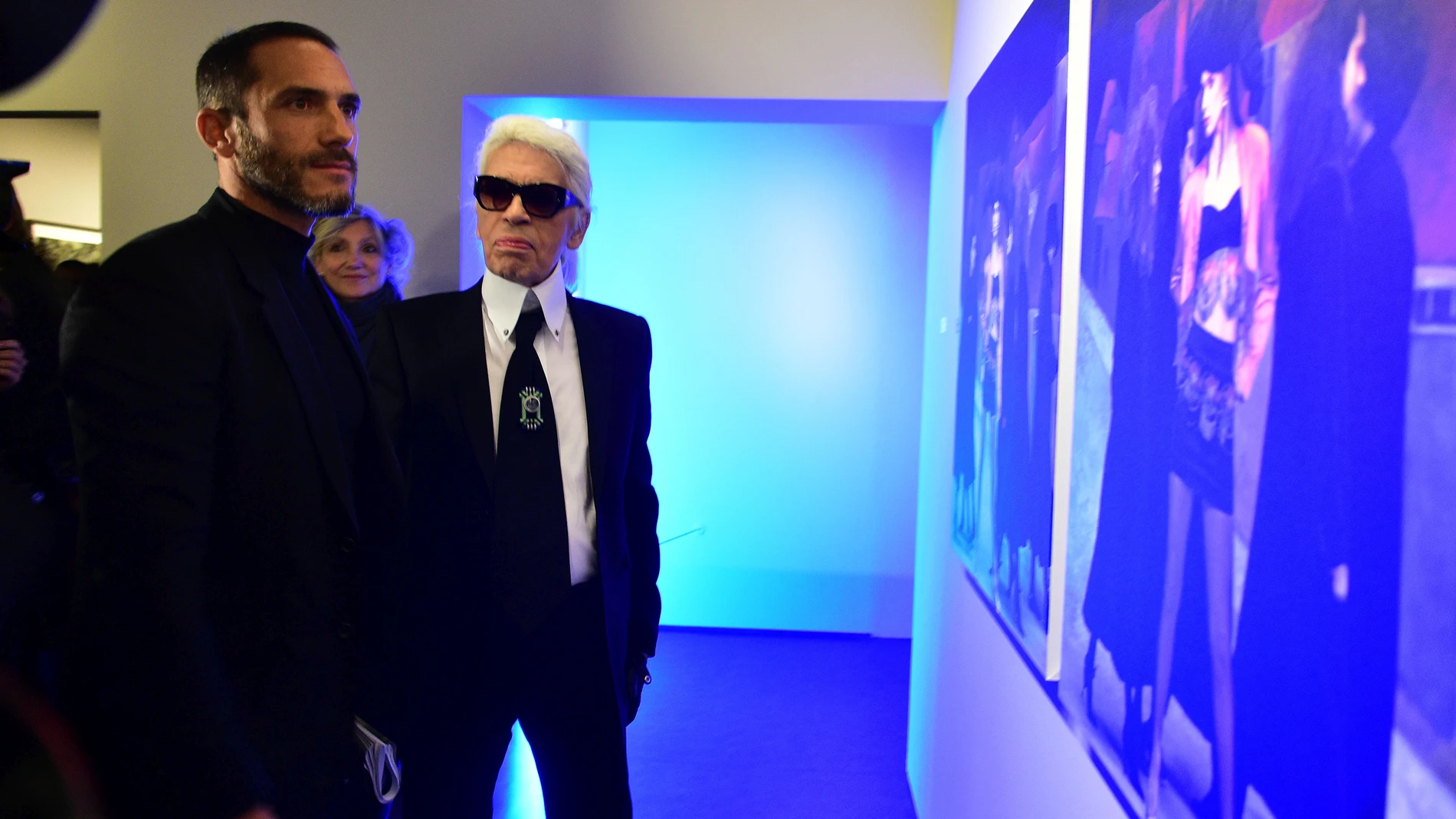 Designer Karl Lagerfeld and Sébastien Jondeau during the launching of his exhibition "Karl Lagerfeld, A Visual journey" in Paris.