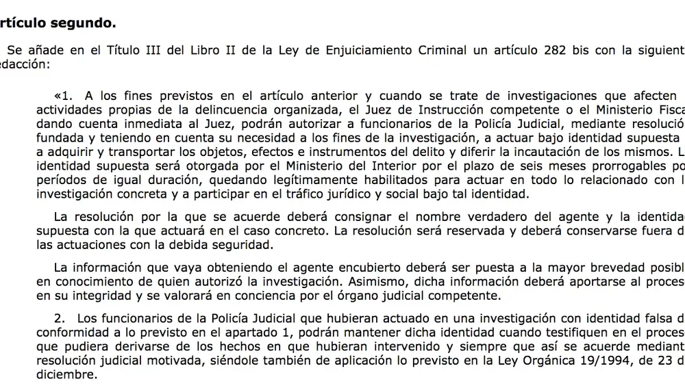 Copia de la Ley de Enjuiciamiento judicial que define quién es 'agente encubierto'