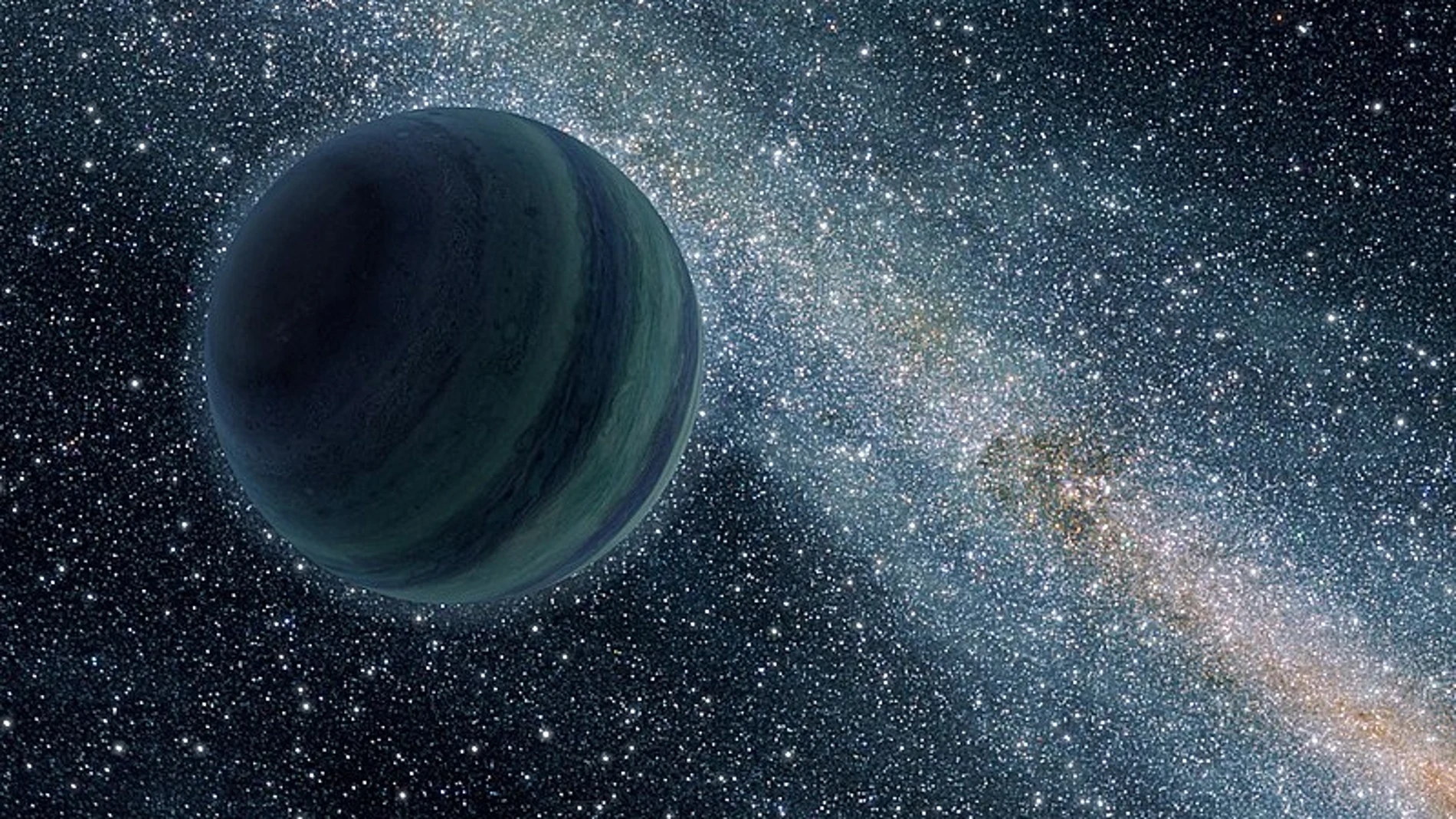 Representación artística de un planeta gigante gaseoso eyectado al espacio interestelar.