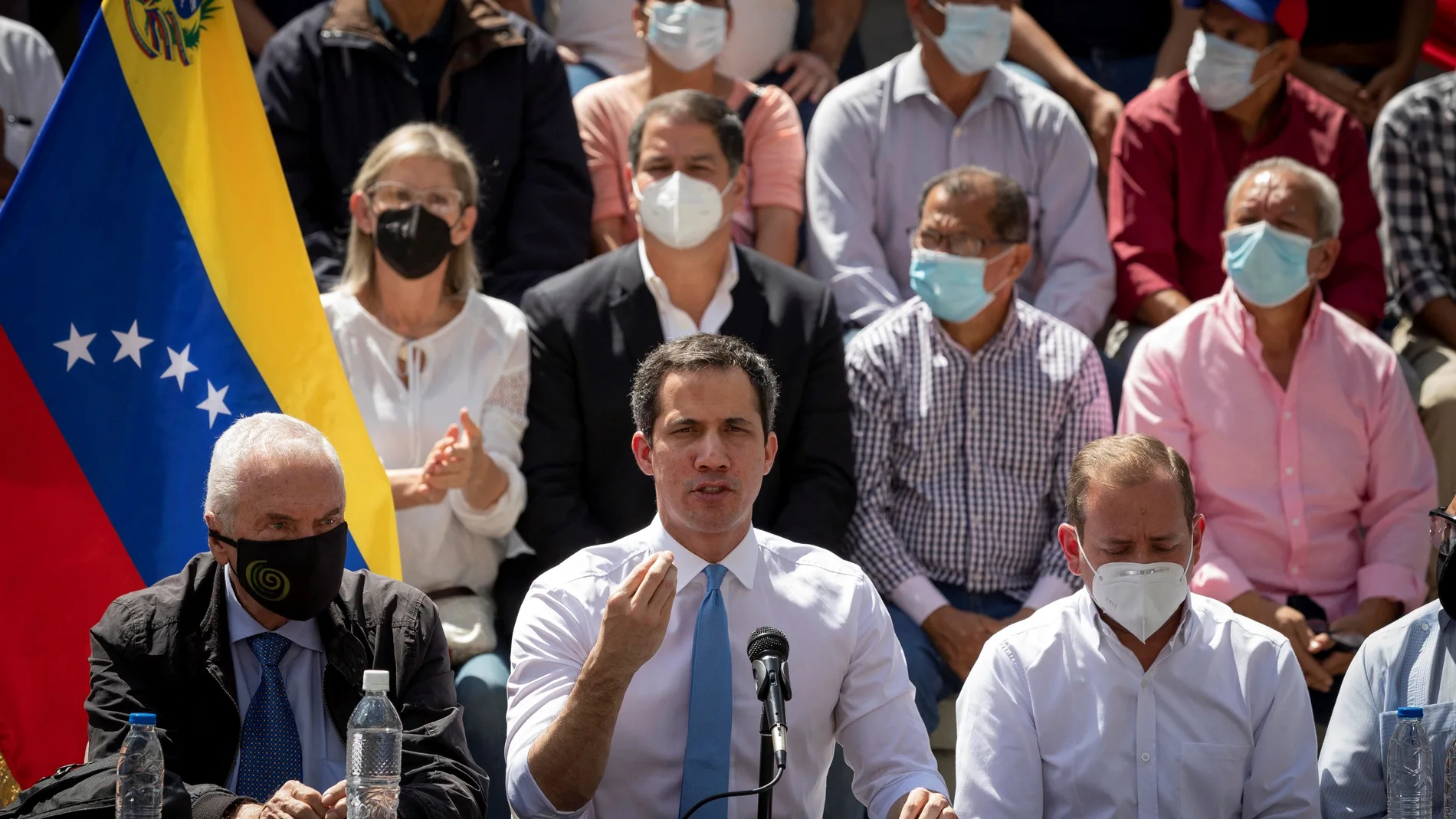 El presidente interino Juan Guaidó este jueves durante una rueda de prensa en Caracas