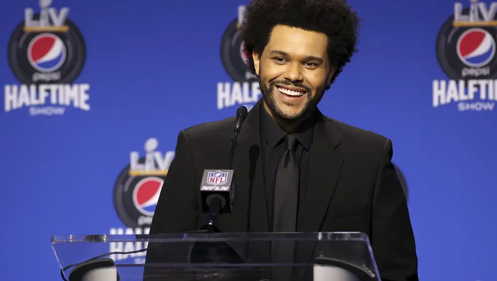 Feb 4, 2021; Tampa, FL, USA; Recording artist The Weeknd speaks at the halftime show press conference ahead of the Super Bowl 55 football game, Thursday, Feb. 4, 2021, in Tampa, Fla. Mandatory Credit: Perry Knotts/Handout Photo via USA TODAY Sports