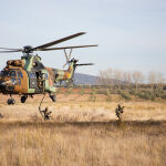 Efectivos de operaciones especiales desciende de un helicóptero "Cougar"