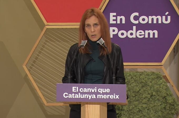 La candidata de los comuns a la Presidencia de la Generalitat, Jéssica Albiach, en un acto telemático de campaña desde Lleida.