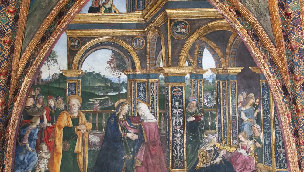 La Visitación y las ayudas de Pinturicchio, realizado entre 1492 y 1494 en los Apartamentos Borgia en el Palacio Apostólico en el Vaticano