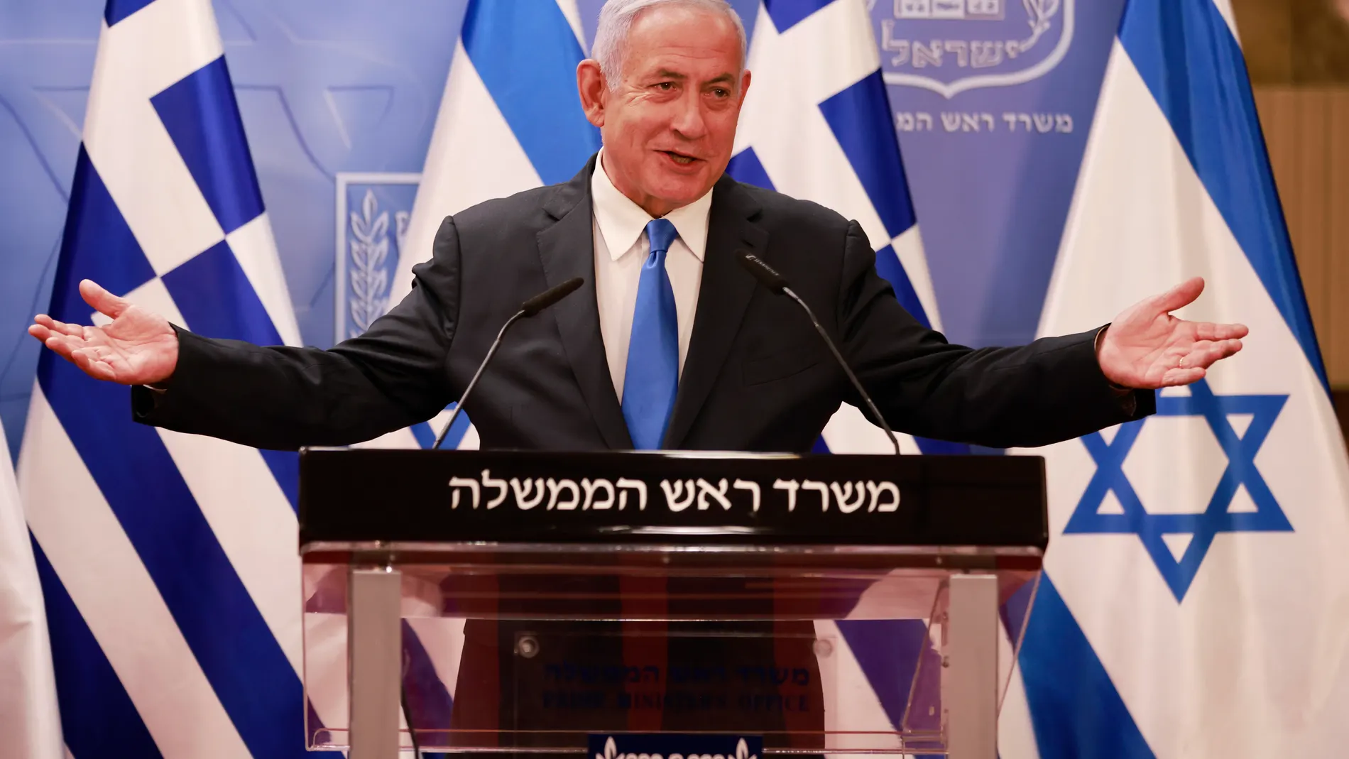 El primer ministro Benjamin Netanyahu durante una rueda de prensa conjunta con su homólogo greigo, Kyriakos Mitsotakis, después de su vista