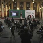 Mexican President AndrÃ©s Manuel LÃ³pez Obrador gives his daily morning press conference following a two-week absence after he tested positive for coronavirus, at the presidential palace, Palacio Nacional, in Mexico City, Monday, Feb. 8, 2021. (AP Photo/Marco Ugarte)