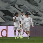 Marcelo, Arribas y Benzema, en un momento del partido ante el Getafe