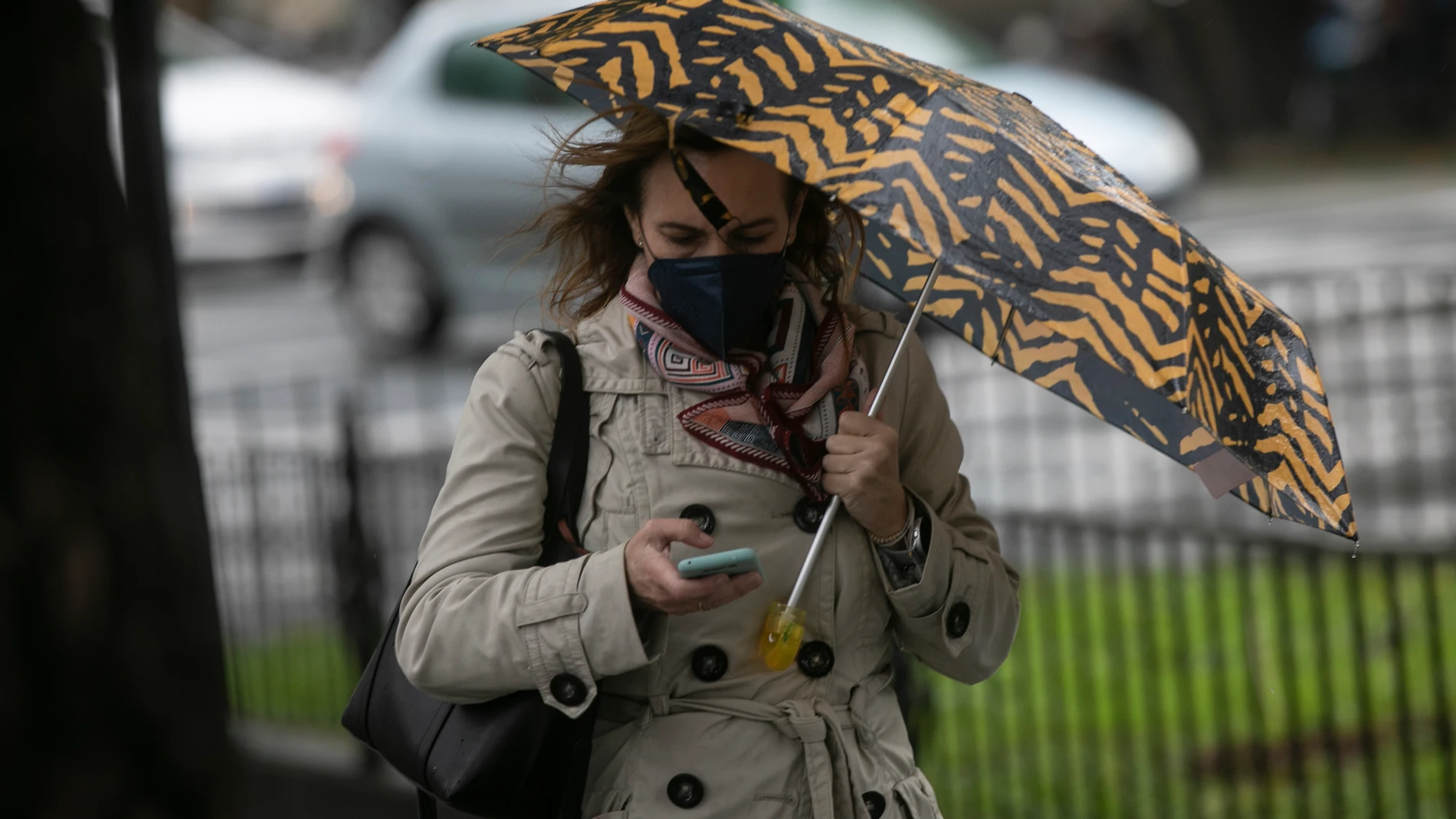 Una mujer camina bajo su paraguas durante un día lluvioso y con rachas de viento en Sevilla