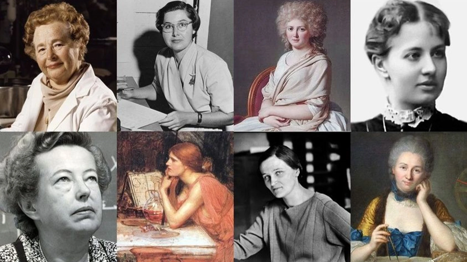 De izquierda a derecha y de arriba abajo: Gertrude B. Elion, Elizabeth Roemer, Marie-Anne Paulze Lavoisier, Sophie Germain, Maria Goeppert Mayer, Trota de Salerno, Cecilia Payne-Gaposchkin y Émilie du Châtelet.