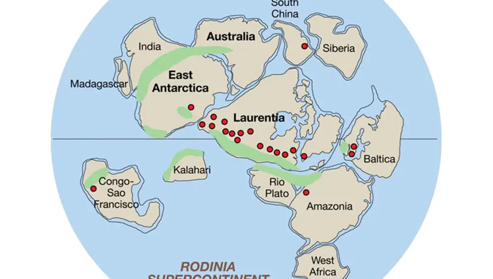 Una reconstrucción de Rodinia cuando ya estaba muy fragmentado, hace 750 millones de años, a finales de periodo Tónico. En verde se marcan las cadenas montañosas que se formaron durante el ensamblaje del supercontinente, hace 1100 millones de años.