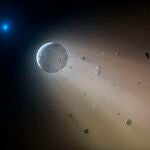 Impresión artística de una enana blanca vaporizando un planeta enano que orbita a su alrededor.