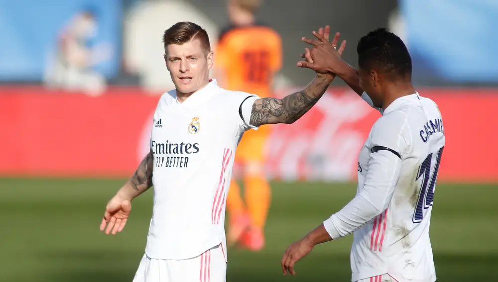 Toni Kroos of Real Madrid celebrates a goal during the spanish league, La Liga, football match played between Real Madrid and Valencia CF at Ciudad Deportiva Real Madrid on february 14, 2021, in Valdebebas, Madrid, Spain.AFP7 14/02/2021 ONLY FOR USE IN SPAIN