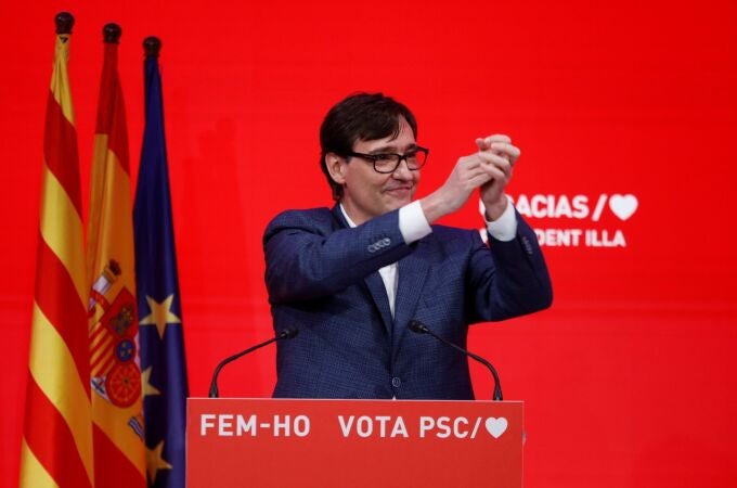 Socialist Party of Catalonia (PSC) candidate Salvador Illa speaks during a press conference to assess the results of the Catalan elections at his headquarters in Barcelona