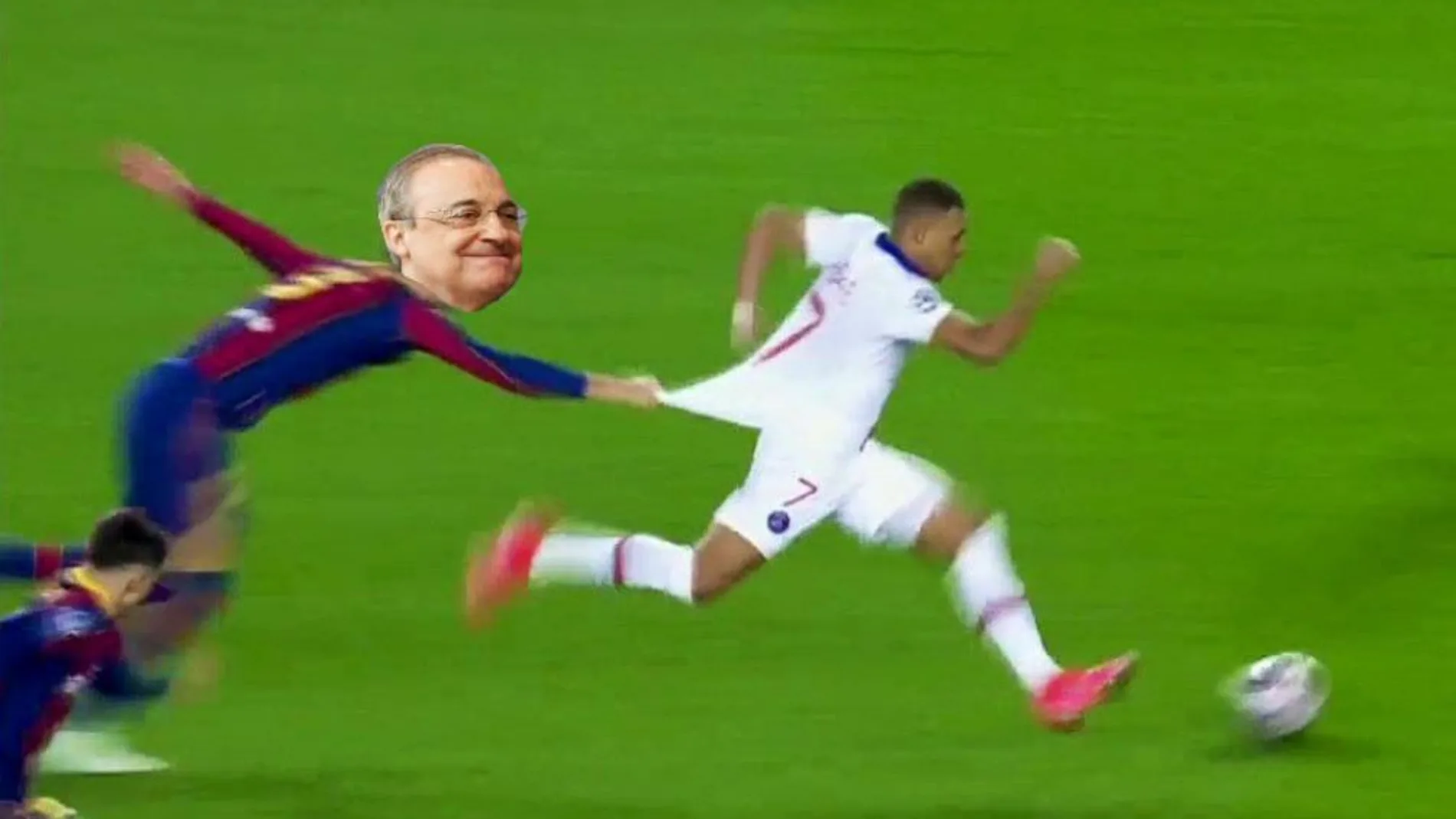Un montaje de Florentino Pérez en el cuerpo de Piqué, agarrando a Mbappé