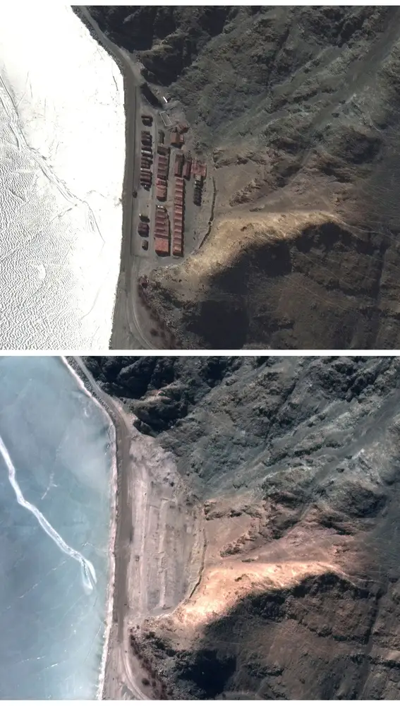 Una foto combinada muestra un primer plano de cómo estaba la zona conocida como Finger 6, en Pangong Tso, el 30 de enero y el mismo lugar a fecha 16 de febrero de 2021 gracias a la tecnología satelital de Maxar