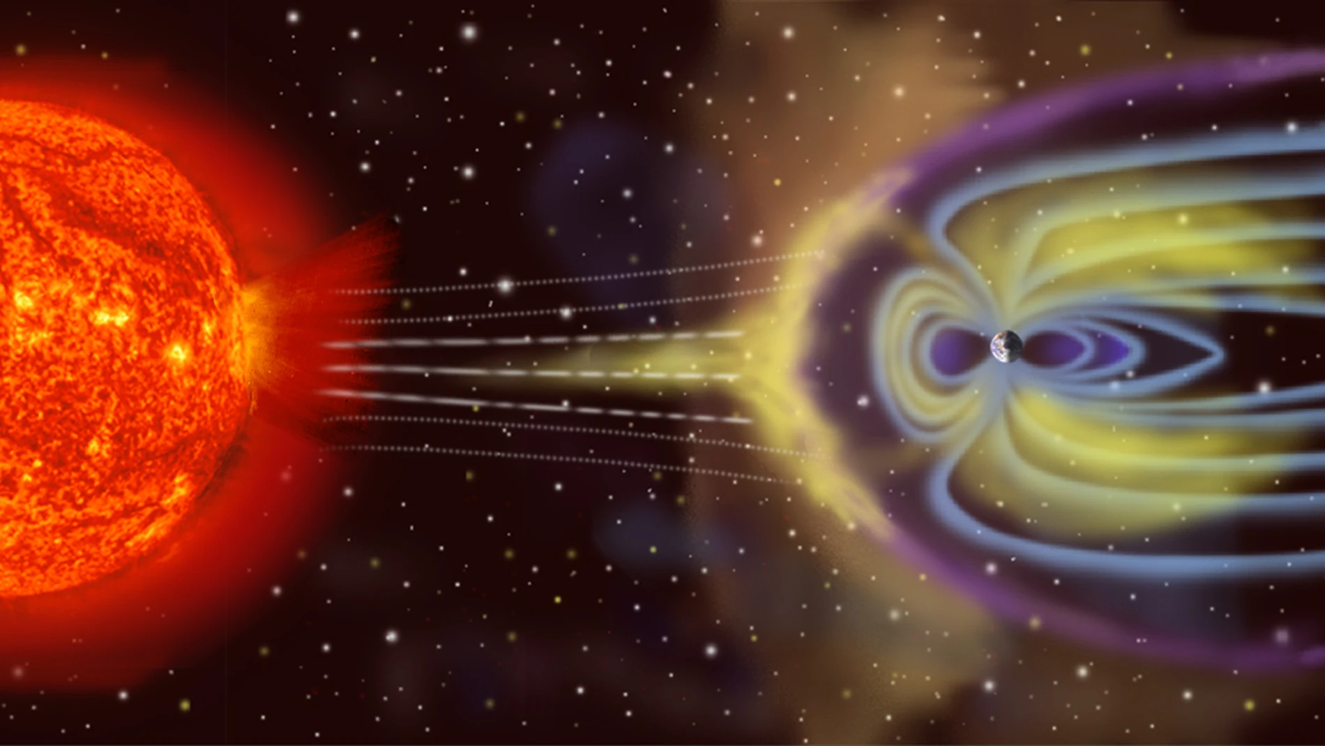 El viento solar interactúa con el campo magnético terrestre y lo «estira» en dirección opuesta al Sol.