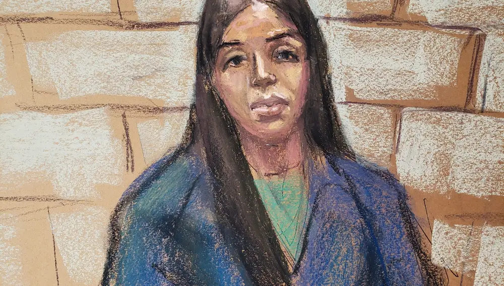 La esposa de Joaquín &quot;El Chapo&quot; Guzmán, Emma Coronel Aispuro, en un boceto de la corte de Washington D. C.