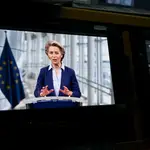 La presidenta de la Comisión Europea, Ursula von der Leyen, en un discurso telemático
