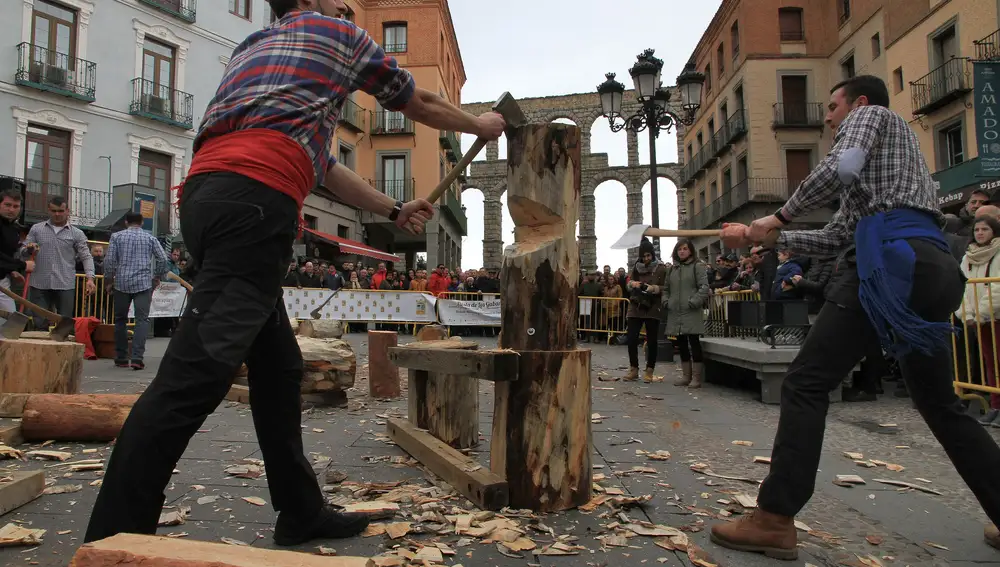 Exhibición de corta de troncos con motivo de la Fiesta de los Gabarreros