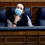 El vicepresidente segundo y ministro de Derechos Sociales y Agenda 2030, Pablo Iglesias, durante la sesión de control al Gobierno celebrada este miércoles en el Congreso. EFE/ Mariscal