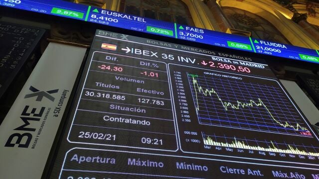 Vista del Ibex 35, el principal indicador del parqué madrileño de la Bolsa
