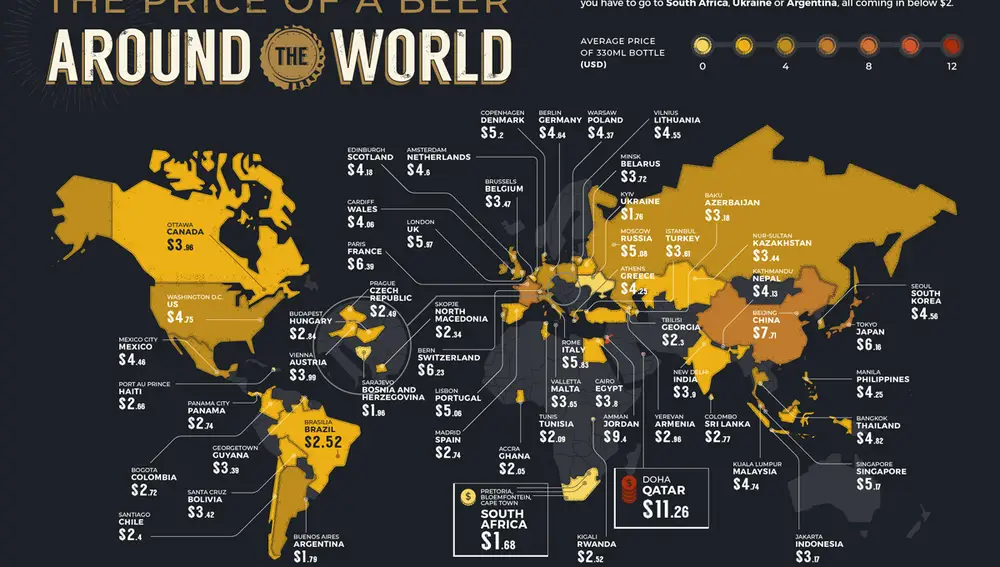 Mapa que indica dónde es más cara una cerveza