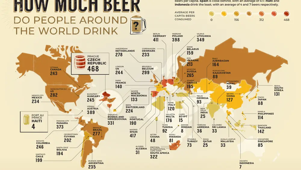 Mapa que indica cuántas cervezas se beben al año