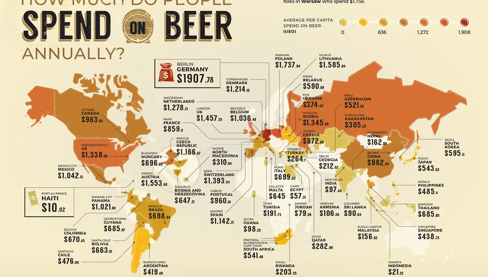 Mapa que indica un promedio del gasto en cerveza al año