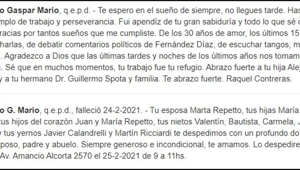 Esquelas por Mario Spota publicadas por su amante, Raquel Contreras, y su esposa, Marta Respetto, en en la web del diario La Nación.