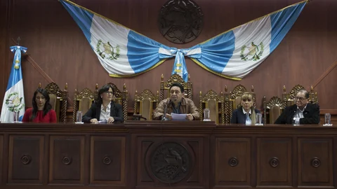 FILE - In this Aug. 27, 2017 file photo, Constitutional Court President Jose Francisco de Mata Vela leads a press conference in Guatemala City. Guatemala's Congress began reshaping the country's highest court Tuesday, March 2, 2021, selecting a new magistrate and an alternate in decisions that could have grave consequences for the battle against corruption and impunity. (AP Photo/Luis Soto, File)