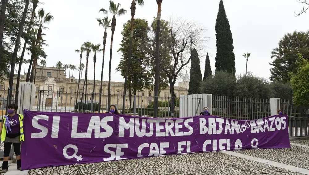 Pancarta en la entrada principal del Parlamento andaluz
