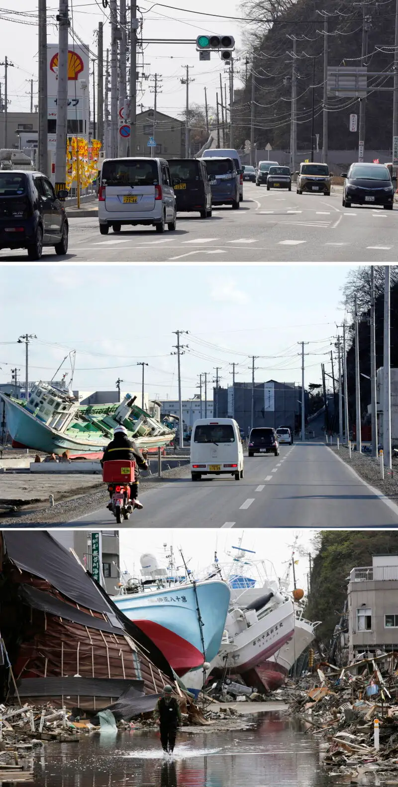 Un combo de imágenes muestra (de abajo hacia arriba) los barcos pesqueros arrastrados por el tsunami y el distrito de Shishiori devastado por el fuego de la ciudad portuaria pesquera de Kesennuma, Prefectura de Miyagi, norte de Japón, el 28 de abril de 2011, a vista de la misma área el 16 de febrero de 2012 y el 21 de febrero de 2021