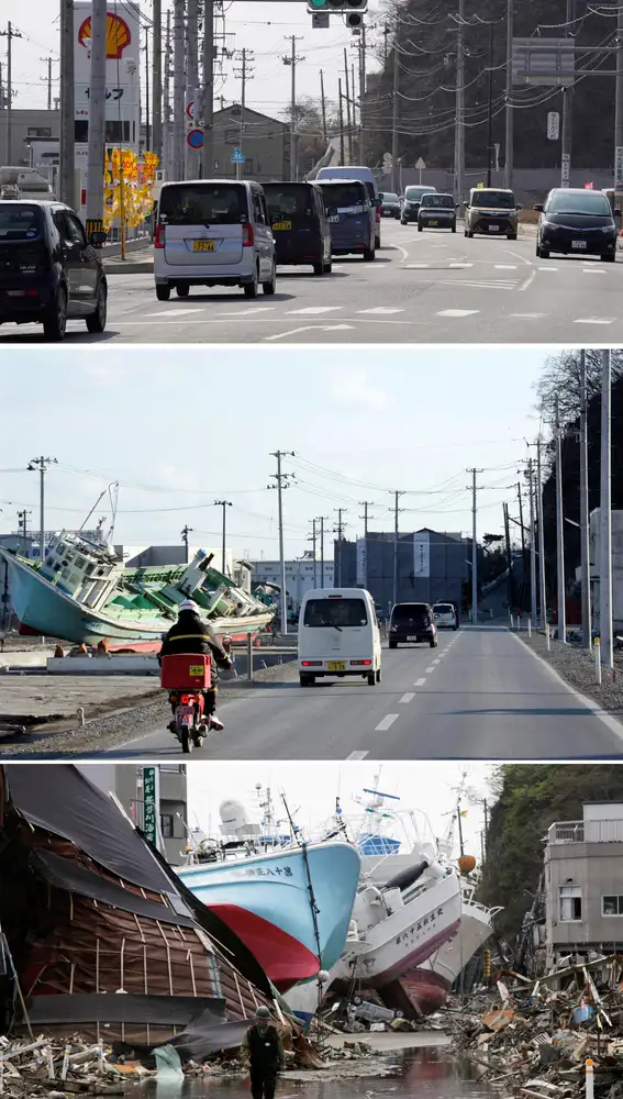 Un combo de imágenes muestra (de abajo hacia arriba) los barcos pesqueros arrastrados por el tsunami y el distrito de Shishiori devastado por el fuego de la ciudad portuaria pesquera de Kesennuma, Prefectura de Miyagi, norte de Japón, el 28 de abril de 2011, a vista de la misma área el 16 de febrero de 2012 y el 21 de febrero de 2021