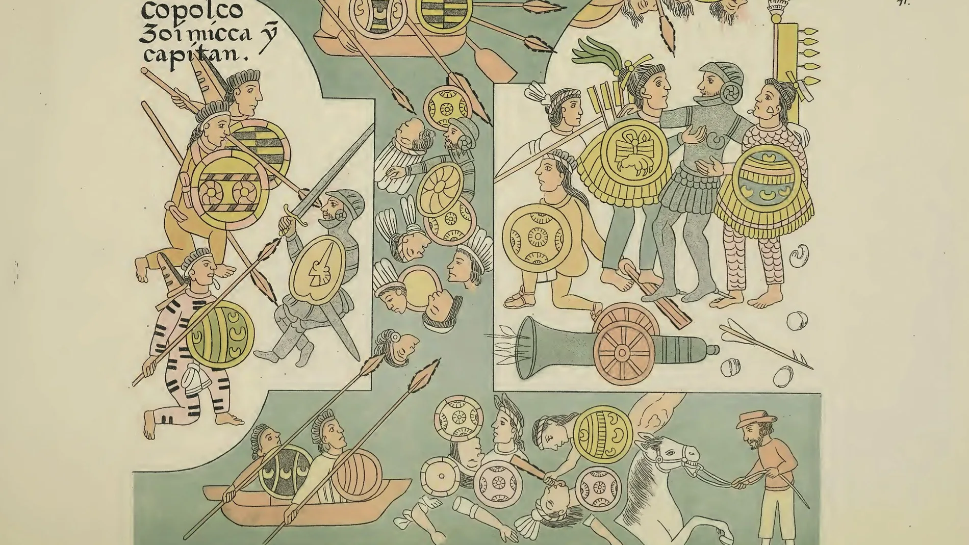 Este fragmento del lienzo de Tlaxcala retrata el asalto a la capital azteca y la lucha que hubo
