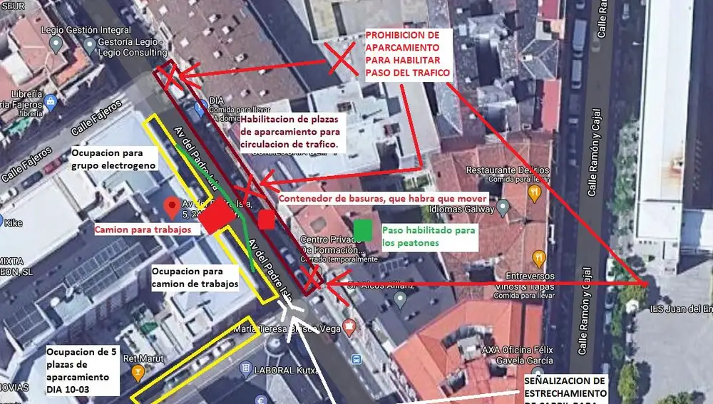 Plano del corte de calles en León
