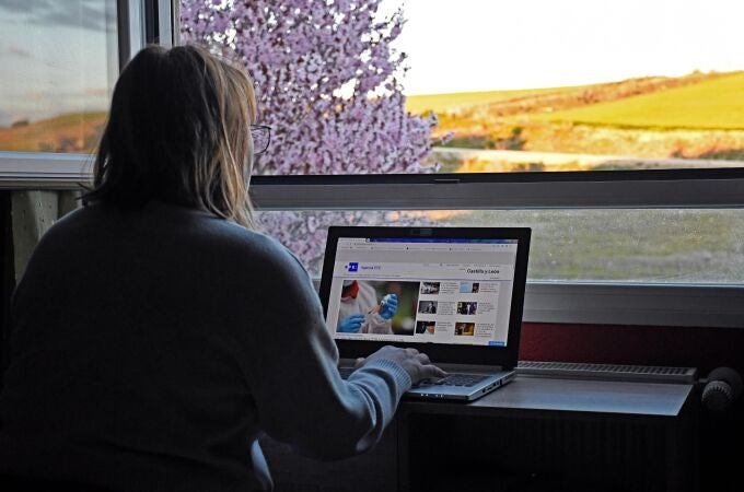 Una mujer consulta una web durante su jornada de teletrabajo en Segovia