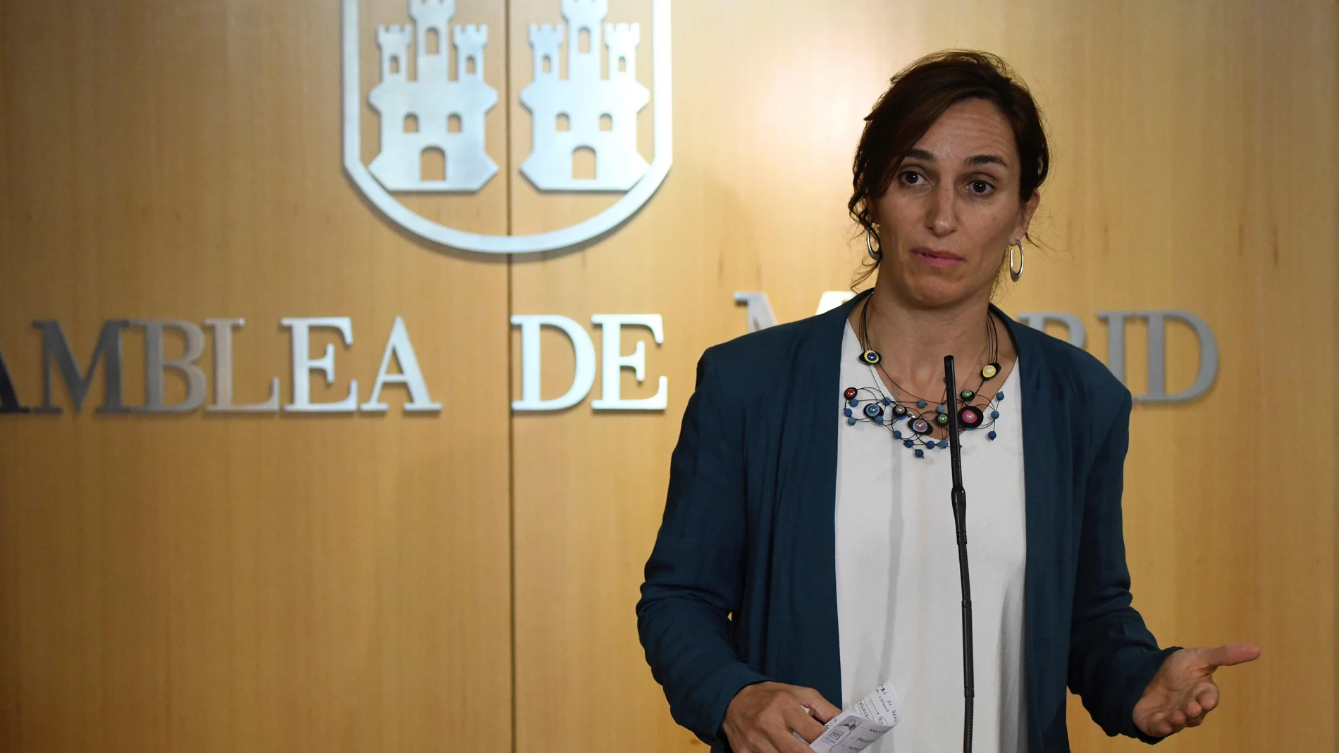 La diputada de Más Madrid en la Asamblea de Madrid Mónica García, en declaraciones a los medios en la Asamblea