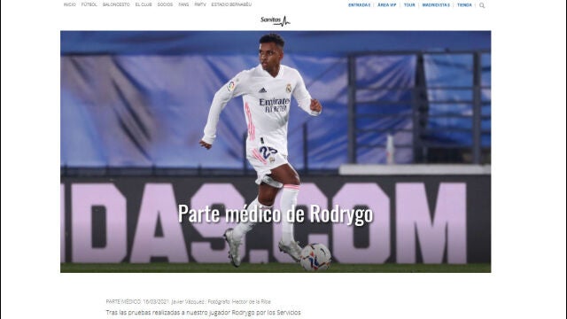 Noticia publicada en la web del Real Madrid en la que se informaba de una falsa lesión de Rodrygo.