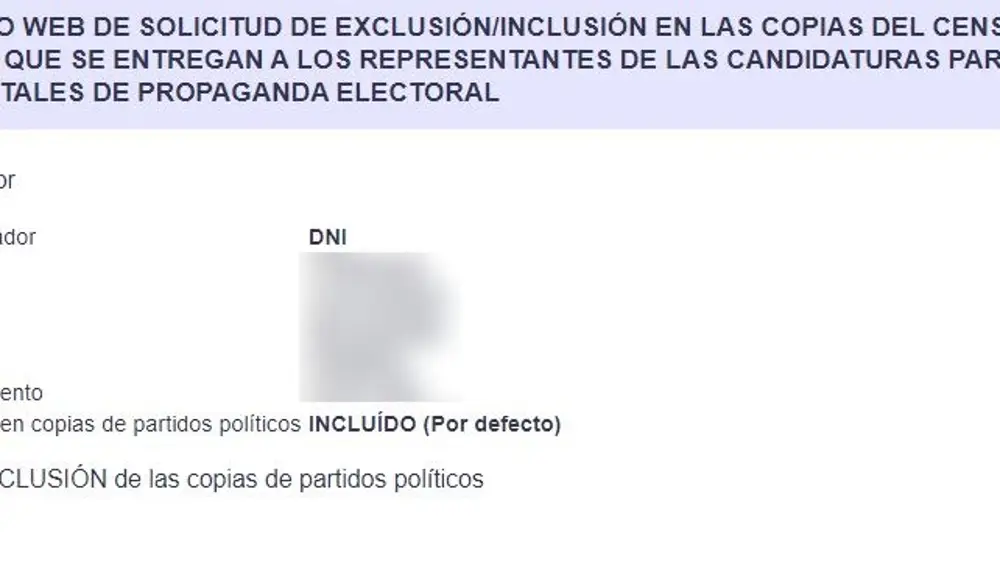 Formulario de solicitud de exclusión en las copias del censo electoral que se entregan a los partidos políticos para el envío de propaganda electoral